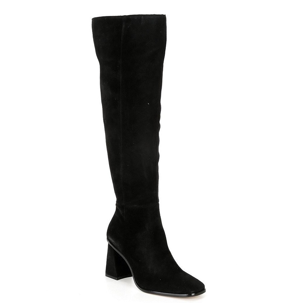 NEW Gianni Bini Suede Tall Square Toe Block Heel Boots Women Black Knee High 5.5